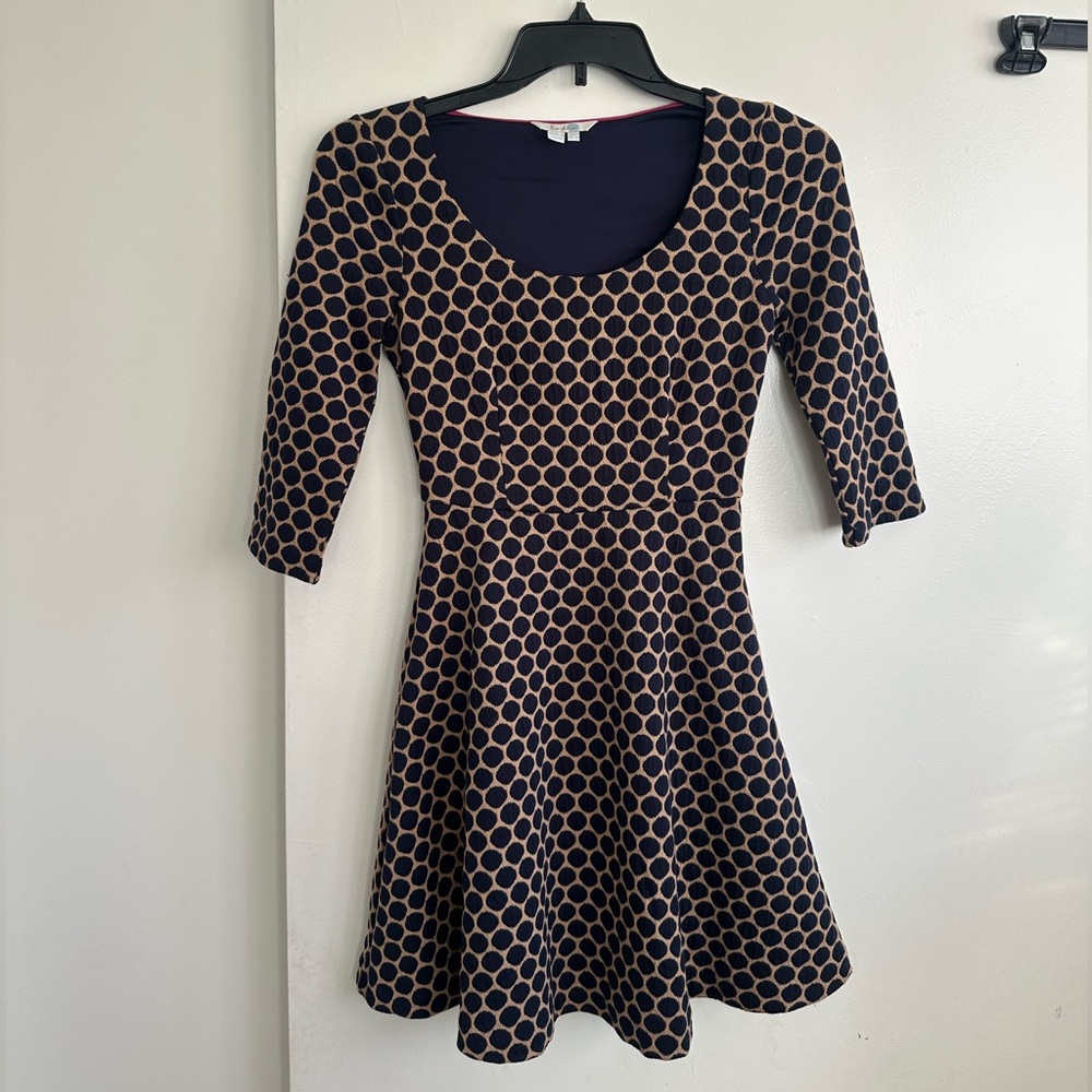 Boden Navy and Tan Polka Dot Long Sleeve Dress